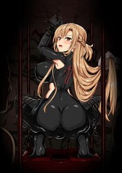 ass black_bodysuit blush bodysuit bondage bound bound_legs breasts brown_eyes brown_hair buttplug chained_wrists female full_body grabbing_another's_hair hands_up highres kojima_saya large_breasts latex long_hair looking_at_viewer looking_back open_mouth restrained sex_toy solo squatting sword_art_online very_long_hair yuuki_asuna