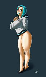 1girls big_breasts blue_hair breasts clothed clothing female female_only full_body high_heels human io_(syntheticpotato) jacket light-skinned_female light_skin original_character pale_skin partially_clothed short_hair solo standing syntheticpotato wide_hips