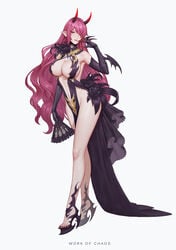 absurdres bare_shoulders breasts chaos_(pixiv3726393) cleavage demon_girl demon_horns elbow_gloves fan flower gloves high_heels highres horns large_breasts long_hair looking_at_viewer navel no_panties pink_eyes pointy_ears red_hair revealing_clothes smile