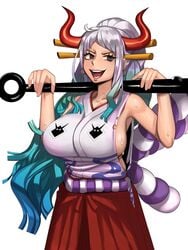 1girls big_breasts blue_hair blue_highlights breasts brown_eyes clothed clothing club curvy demon ear_piercing earrings female female_focus female_only gradient_hair hakama hi_res highres hoop_earrings horned_humanoid horns humanoid japanese_clothes kanabou kevbot light-skinned_female light_skin long_hair looking_at_viewer multicolored_hair one_piece oni oni_horns open_mouth ponytail revealing_clothes sideboob simple_background solo solo_female sweat two_tone_hair weapon weapon_on_shoulder white_background white_hair wide_hips yamato_(one_piece) youkai