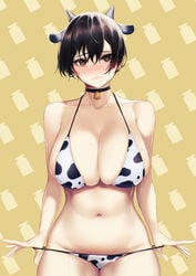 animal_ears animal_print bell bikini black_choker black_hair blueorca blush breasts brown_eyes choker closed_eyes collarbone cow_bikini cow_ears cow_horns cow_print cowbell female hair_between_eyes highres horns large_breasts looking_at_viewer mole mole_on_breast navel neck_bell original print_bikini short_hair solo swimsuit very_short_hair wavy_mouth white_bikini yellow_background