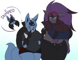 2girls angry ass ass_peeking_out_of_shorts breasts dart(dewwydartz) dewwydartz female furry lucario may_(dewwydartz) nea(dewwydartz) pokemon pokemon_(species) purple_hair shorts thick_thighs wide_hips zoroark