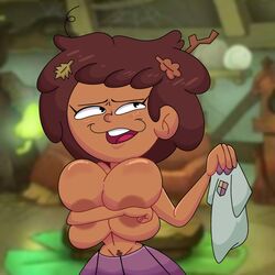 1girls aged_up amphibia anne_boonchuy big_breasts big_nipples brown_skin covering_breasts curly_hair dark-skinned_female dark_skin disney disney_channel female female_only gerdash hourglass_figure huge_breasts large_breasts looking_away massive_breasts partially_clothed pubic_hair shirt_removed skirt sole_female solo solo_female straight_hair teenager thai voluptuous