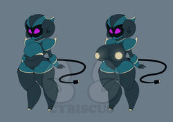 armor ass belly big_belly big_breasts big_butt big_nipples blue_body breasts clothed clothing cybiscus digital_media_(artwork) english_text female glowing glowing_eyes glowing_nipples goo_creature hooves horn humanoid model_sheet mouthless nipples overweight overweight_female overweight_humanoid puffy_nipples purple_eyes shortstack simple_background solo text thick_thighs usb_(character) usb_cable watermark wide_hips