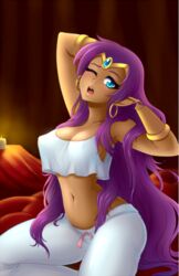 1girls belly belly_button cleavage clothed clothed_female clothing dark-skinned_female dark_skin female female_focus female_only fixing_hair long_hair looking_at_viewer nipples nipples_visible_through_clothing pajamas purple_hair shantae shantae_(character) sideboob stretching tagme yawn yawning