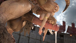 1boy 1girls amazon_(dragon's_crown) arena ass balls big_ass big_breasts blonde_hair breasts dragon's_crown drooling female huge_balls huge_cock icedev male minotaur monster muscular muscular_female out_of_frame penis penis_lick precum rape size_difference tattoo vanillaware