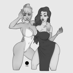 2girls cameltoe cleavage cool_world curvy disney dress female female_only hardbrush holli_would huge_breasts jessica_rabbit monochrome short_hair thick_lips voluptuous who_framed_roger_rabbit wide_hips