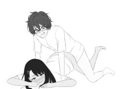 1boy 1girls all_fours black_hair blush bottomless doggy_style drawfag female fucked_silly glasses half-dressed hayase_nagatoro hi_res long_hair male monochrome naoto_hachioji_(senpai) on_stomach please_don't_bully_me _nagatoro prone_bone pussy sex short_hair shy smile sweat vaginal_penetration white_background