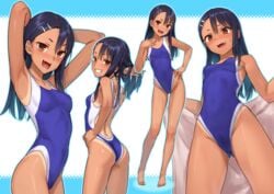 1girls armpits arms_up ass barefoot black_hair blush breasts brown_eyes fangs female female_focus female_only hairclip hayase_nagatoro hi_res kawakami_rokkaku long_hair looking_at_viewer looking_back one-piece_swimsuit open_mouth please_don't_bully_me,_nagatoro pose simple_background small_ass small_breasts smile solo swimsuit tanline tanned teeth