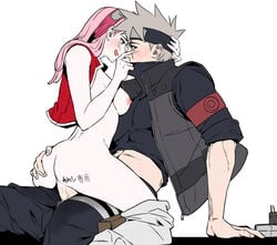 1boy 1girls ambiguous_penetration ass_grab breasts clothed_male cowgirl_position eye_contact female female_penetrated hand_on_ass hatake_kakashi headband male male/female male_penetrating naruto naruto_(classic) naruto_(series) ninja_headband nipple older_male on_lap partially_clothed partially_nude penetration pink_hair pink_nipples sakura_haruno scar_on_face scarecrowpink sex straight teacher_and_student younger_female