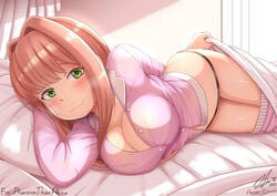 1girls aster-effect bed big_breasts black_panties blush breasts brown_hair cute doki_doki_literature_club female green_eyes inviting laying_on_bed looking_at_viewer monika_(doki_doki_literature_club) on_bed pajamas panties pov pov_eye_contact seductive shiny_skin solo solo_female taking_clothes_off thick_thighs undressing wholesome