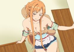 1boy bra breast_grab breasts brown_eyes censored clothes_lift door from_behind grabbing grabbing_from_behind grinding leaning_forward leaning_on_object long_hair medium_breasts mr_trace_mosha orange_hair panties skirt skirt_lift standing sword_art_online thigh_sex underwear yuuki_asuna