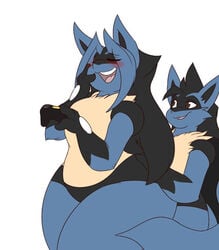 ass blush breasts bubble_butt dart(dewwydartz) dewwydartz female fluffy_tail hourglass_figure lap_sitting lucario male may_(dewwydartz) pear_shaped pear_shaped_female pokemon pokemon_(species) thick_thighs voluptuous voluptuous_female wide_hips