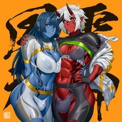 2futas abs blue_hair bulge futanari horns horny intersex looking_at_viewer mikoyan muscular_futanari oni original red_eyes tattoo white_hair