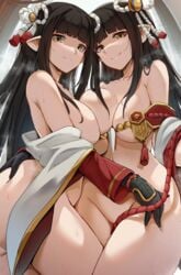 2girls 4_fingers big_breasts blunt_bangs breast_to_breast breasts female fewer_digits hinoa looking_down minoto monster_hunter_rise multiple_girls sisters smile sollyz twins wyverian