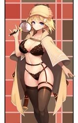 black_panties blonde_hair casual clothing coat deerstalker garter_belt garter_straps headwear hololive hololive_english hololive_myth human inverness_cloak lingerie looking_at_viewer magnifying_glass monocle_hair_ornament outerwear thighhighs underwear virtual_youtuber watson_amelia