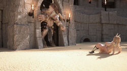 1boy 1girls 3d amazon_(dragon's_crown) arena ass big_ass big_breasts blonde_hair breasts dragon's_crown female icedev imminent_rape male minotaur monster muscular muscular_female nipples tattoo vanillaware