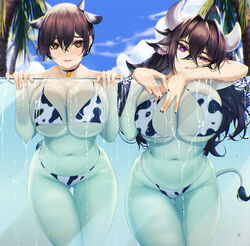 2girls against_glass animal_ears animal_print bangs bikini black_hair black_nails blue_sky blueorca breast_press breasts brown_eyes chinese_zodiac choker cloud cow_bikini cow_ears cow_girl cow_horns cow_print cow_tail day glass_wall hair_between_eyes highres horns huge_breasts jewelry large_breasts long_hair messy_hair multiple_girls nail_polish navel original palm_tree pendant pendant_choker pool purple_eyes short_hair sky swimsuit symbol_commentary tail tree year_of_the_ox