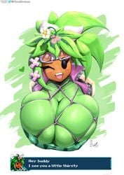 1girls anthro anthrofied big_breasts black_eyes blaster_master blaster_master_zero blaster_master_zero_2 blush bodysuit breasts color dialogue english_text eyelashes female female_only flower green_hair green_skin heart huge_breasts humanoid kanna_(blaster_master) large_breasts looking_at_viewer mob_face one_eye_closed open_mouth plant plant_girl plant_humanoid plantie smile solo solo_female talking talking_to_viewer teeth text tongue top_heavy viejillox watermelon_bra watermelon_nets wink