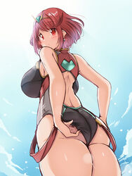 1girls absurdres ass bangs black_swimsuit clothed competition_swimsuit covered_collarbone earrings female headpiece highres jewelry kurocaze one-piece_swimsuit pyra red_eyes red_hair red_swimsuit short_hair solo strapless strapless_swimsuit swept_bangs swimsuit tiara two-tone_swimsuit xenoblade_(series) xenoblade_chronicles_2