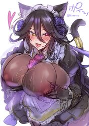 areola_slip big_breasts blush cat_ears cat_tail cleavage dark_hair drooling hair_ornament heterochromia huge_breasts kaenuco last_origin looking_at_viewer maid maid_headdress maid_uniform mole_under_mouth poi_(last_origin) tongue_out