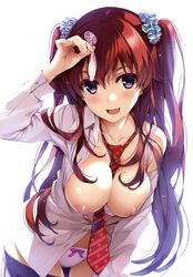 1girls arm_up bare_shoulders bent_over blush braid breasts condom female female_only filled_condom long_hair looking_at_viewer misaki_kurehito necktie open_mouth open_shirt panties school_uniform skirt smile solo tagme tagme_(character) topless underwear undressing uniform