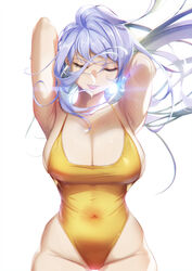 arm_behind_head armpits blue_hair blueorca breasts closed_eyes commentary covered_navel cowboy_shot english_commentary female highleg highleg_leotard highres large_breasts leotard lips long_hair original parted_lips simple_background solo white_background yellow_leotard