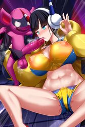 1boy 1girls balls big_balls big_breasts bigshine000 blowjob blue_eyes blush breasts censored cum cum_in_mouth elesa_(pokemon) erect_nipples_under_clothes fellatio female genital_fluids headphones huge_breasts humanoid_penis hyper impidimp interspecies licking licking_penis long_hair mosaic_censoring nintendo nipples oral penis pokémon_(species) pokemon pokemon_bw2 pokemon_ss pokephilia shorts size_difference small_but_hung smaller_male spread_legs testicles transparent_clothing twintails wet_clothes