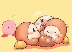 ? anthro balls big_balls big_testicles blush brown_body brown_eyes brown_skin closed_eyes cute cute_face dizzytizzy female heart huge_cock huge_testicles kirby kirby_(series) love male nintendo pink_body pink_skin red_feet testicles waddle_dee yellow_feet