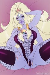 4_arms big_hair big_lips blue_skin breasts cartoon_network female gem_(species) gem_fusion kokobuttz lingerie long_fingernails long_hair looking_at_viewer multi_arm multi_limb opal_(steven_universe) presenting skimpy solo steven_universe steven_universe_future stockings tagme very_long_hair