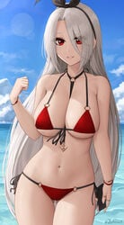 1girls azur_lane big_breasts bikini curvy_figure female female_only large_breasts long_hair looking_at_viewer midriff mole mole_under_eye o-ring o-ring_bikini o-ring_bottom o-ring_top prinz_heinrich_(azur_lane) red_eyes side-tie_bikini solo solo_female swimsuit thick thighs voluptuous white_hair zaphn