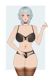 1girls abs alternate_costume bare_shoulders bare_thighs black_panties blush bride choker collarbone come_hither cryptid_crab dagr_(fire_emblem) fire_emblem fire_emblem_heroes gesture lingerie looking_at_viewer medium_breasts medium_hair motion_lines nintendo panties ring silver_eyes silver_hair smile solo solo_female suggestive thick_thighs thighhighs wedding_ring