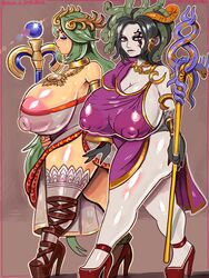 2girls alternate_breast_size areola_slip curvaceous curvy curvy_female desgardes female_only high_heels huge_breasts kid_icarus kid_icarus_uprising large_breasts medusa medusa_(kid_icarus) nintendo palutena puffy_areola puffy_nipples see-through_clothing tagme thick_thighs walking