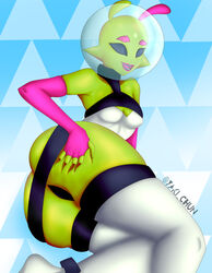 alien black_sclera female female_only fingerless_gloves green_skin leotard ripped_clothing solo solo_focus sploot_(unknownspy) spread_ass unknownspy yaki_chun