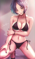 ass_visible_through_thighs bangs bare_shoulders bikini black_bikini black_footwear blue_hair blush bracelet breasts cleavage collarbone ear_piercing female gradient gradient_background halterneck hand_on_own_arm hand_on_own_thigh hayami_kanade high_heels highres idolmaster idolmaster_cinderella_girls jewelry koya_(koya_x_00) lipstick makeup medium_breasts nail_polish navel parted_bangs parted_lips piercing short_hair side-tie_bikini signature smile solo squatting swimsuit underboob wristband