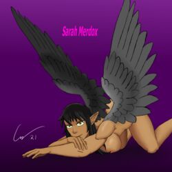 1girls black_hair brown_skin draco_gatom face_down_ass_up feathered_wings pointy_ears sarah_merdox solo solo_female wings yellow_eyes