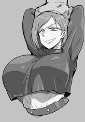 1girls arms_up big_breasts breasts brown_eyes brown_hair chin_length_hair cosmic_kani eyelashes female forced ginger greyscale hand_on_head huge_breasts imminent_oral jujutsu_kaisen kugisaki_nobara large_breasts light_skin medium_hair monochrome oral restrained short_hair student