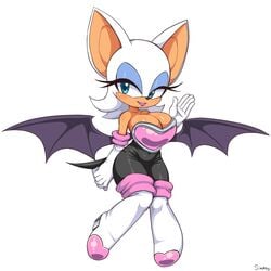 1girls anthro bare_shoulders bat bat_wings blue_eyes breasts cleavage clothed eyeshadow female female_focus female_only furry large_breasts lipstick rouge_the_bat sega simmsy smile solo sonic_(series) sonic_the_hedgehog_(series) white_background wings