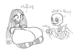 disney huge_breasts jack_skellington little_hareboy monochrome nightmare_before_christmas rough_sketch sally_(the_nightmare_before_christmas) wide_hips