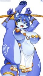 1girls animal_ears anthro areola_slip areolae arms_up ass bad_id bad_twitter_id big_breasts blue_areola blue_fur blue_hair blue_nose bondage breasts canid canine canis eyebrows fangs female female_only fox fox_ears fur furry furry_only hands_above_head hands_tied hands_tied_above_head hips huge_breasts krokobyaka krystal krystal's_staff large_areolae leg_lift loincloth midriff navel nintendo no_humans one_leg_up open_mouth paws revealing_clothes solo solo_female staff star_fox tail thick_thighs thighs tribal_markings video_games weapon white_background wide_hips year_request