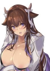 1girls animal_ears azur_lane blush breasts brown_hair cleavage cow_ears cow_horns endou_(zettai_bluenoid) eyebrows_visible_through_hair female hair_ribbon highres horns jacket kashino_(azur_lane) large_breasts light-skinned_female light_skin military_jacket open_clothes open_jacket open_mouth purple_eyes ribbon sakura_empire_(azur_lane) sweat