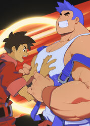 advance_wars andy_(advance_wars) bara biceps big_muscles blue blue_hair brown_hair gay grabbing_pecs groping groping_pecs himbo human humanoid_only male male_only max_(advance_wars) muscle muscles muscular muscular_arms muscular_chest muscular_male nintendo pec_grasp pecs red size_difference smile smiling tank_top touching_pecs uleezoo video_game_character video_games