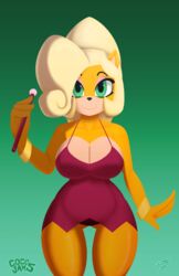 1girls 7-light-of-shadows-7 7los7 activision anthro bandicoot big_breasts blonde_hair breast_expansion breasts cleavage clothed clothing coco_bandicoot crash_(series) dress expansion eyeshadow female furry green_eyes hair hi_res huge_breasts looking_at_viewer makeup mammal marsupial ponytail smile solo solo_female thick_thighs video_games wide_hips