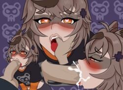 blush brown_hair cum cum_in_mouth cum_on_face dark-skinned_male fellatio finger_in_mouth finger_in_throat indie_virtual_youtuber mouth_hold open_mouth oral raccoon red_eyes snuffy solander spread_mouth tagme throat tongue_out virtual_youtuber