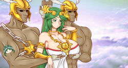 1girls 2boys breast_hold breast_support centurion_strongarm female female_focus finger_to_face green_eyes green_hair hands_under_breasts holding_breast holding_up_breasts huge_breasts kid_icarus kid_icarus_uprising male meme muscles muscular muscular_male nintendo palutena parody pksoldierx pose servants_holding_aphrodite's_breasts_(meme) tagme topless_male voluptuous