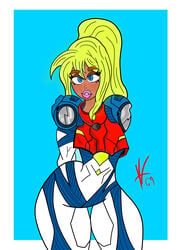 1girls armor bimbo blonde_hair blue_eyes dark_skin metroid metroid_dread race_swap samus_aran thick_thighs vontesofine69