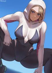 1girls 2021 artist_signature blonde_hair blue_background blue_eyes breasts clothed clothed_female crouching female female_focus female_only ghost-spider gwen_stacy hand_on_knee hero_suit hi_res hood hood_up large_breasts looking_at_viewer looking_down marvel marvel_comics shexyo short_hair simple_background slim_waist smile smiling_at_viewer solo spider-gwen spider-man:_into_the_spider-verse spider-man_(series) spread_legs superheroine thick_thighs thighs tight_clothing tight_fit white_suit