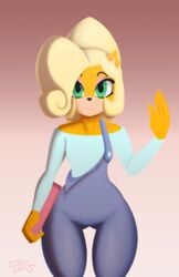 7-light-of-shadows-7 7los7 activision anthro bandicoot blonde_hair clothing coco_bandicoot crash_(series) eyeshadow female fur green_eyes hair hi_res looking_at_viewer makeup mammal marsupial ponytail smile solo thick_thighs thigh_gap video_games wide_hips