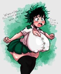 1girls 2021 ass big_ass big_butt blush breast_expansion breasts clothing dezterity dialogue embarrassed female_deku freckles gender_transformation green_hair huge_breasts izuku_midoriya mtf_transformation my_hero_academia nipple_bulge open_mouth permanent rule_63 short_skirt shounen_jump solo stockings sweat text white_skin