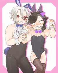 2boys alternate_costume black_hair blush bowtie bunny_ears bunny_tail bunnysuit crossdressing demon_slayer embarrassed facial_mark facial_scar fishnets genya_shinazugawa kimetsu_no_yaiba male male_only nail_polish no_eyebrows scars tears thighhighs uzui_tengen white_hair